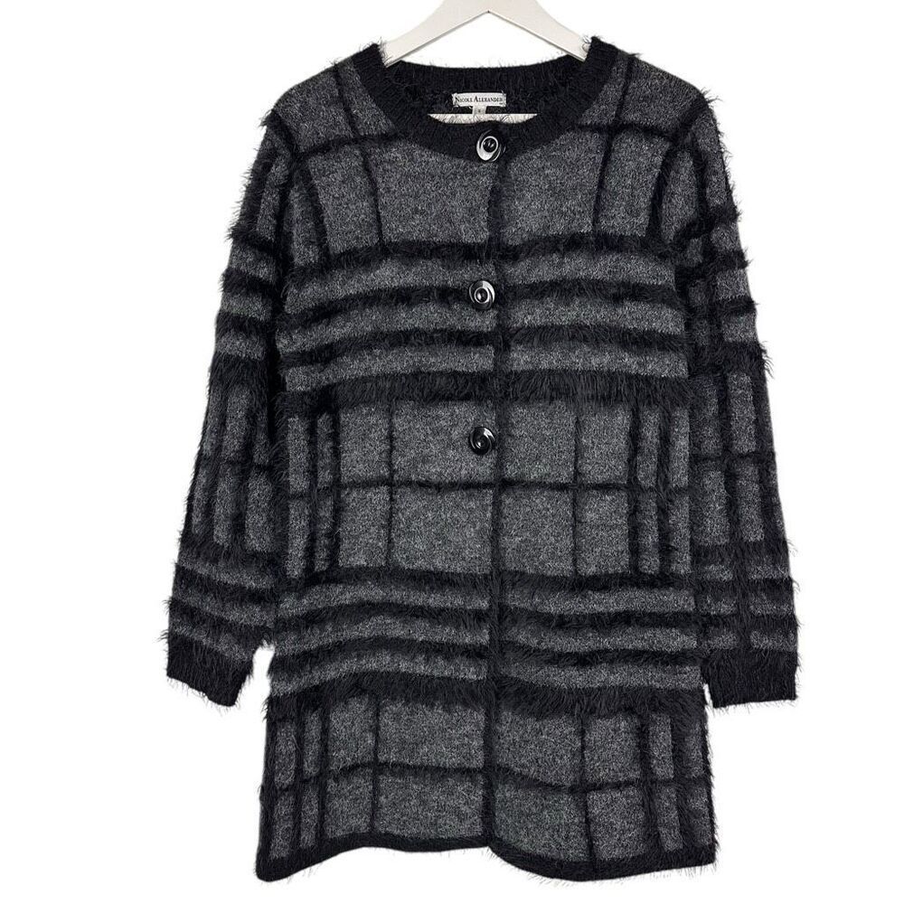 Nicole Alexander Wool Blend Eyelash Longline Cardigan size Small Grey Black